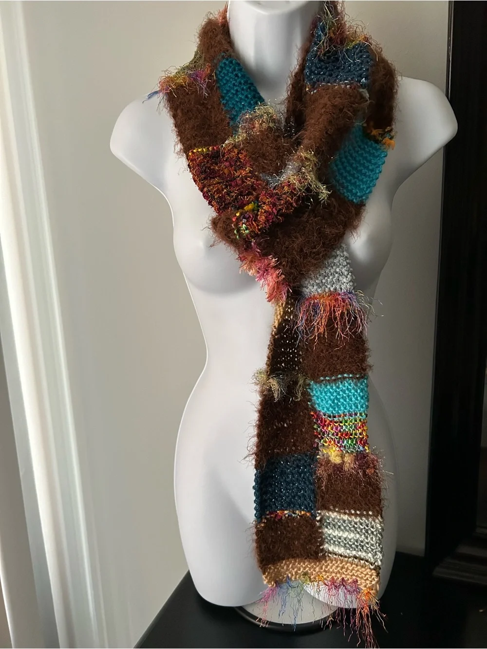Patchwork Knit Brown and Teal Women's Scarf